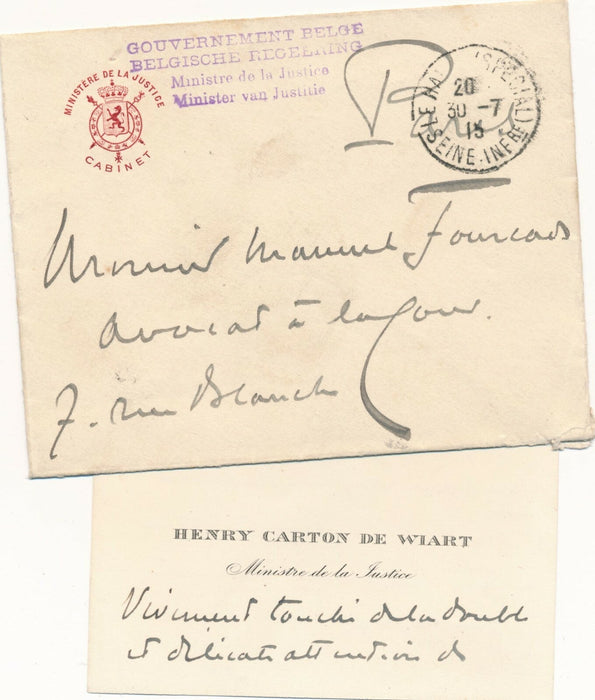 Belgique Henry CARTON DE WIART carte autographe enveloppe à avocat Fourcade