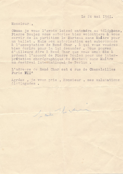 René CHAR et la version chorégraphique du Marteau sans maître autograpje lettre