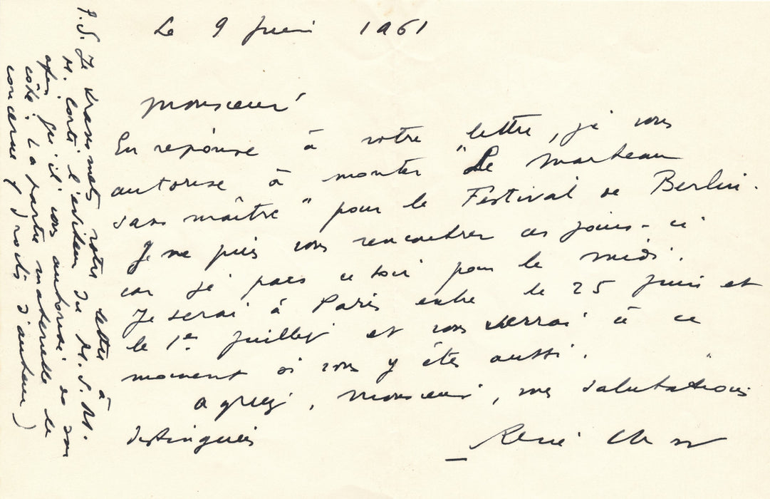 René CHAR et la version chorégraphique du Marteau sans maître autograpje lettre