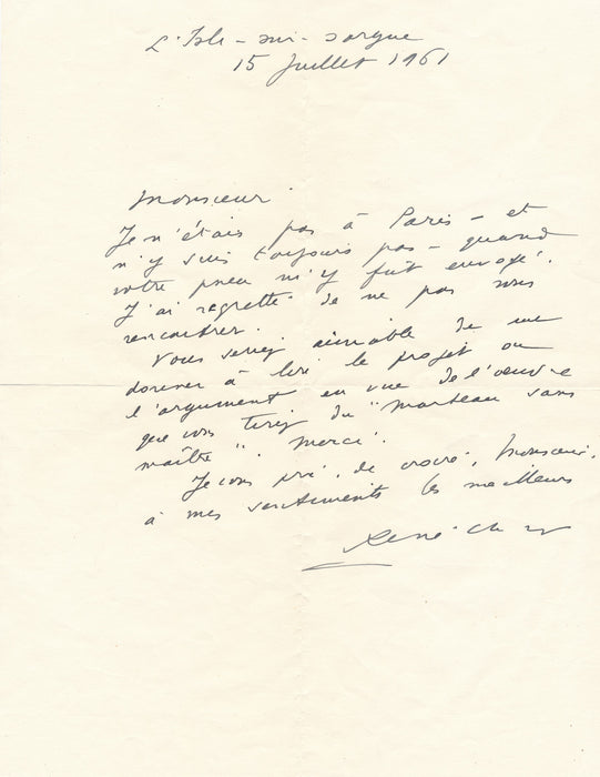 René CHAR et la version chorégraphique du Marteau sans maître autograpje lettre