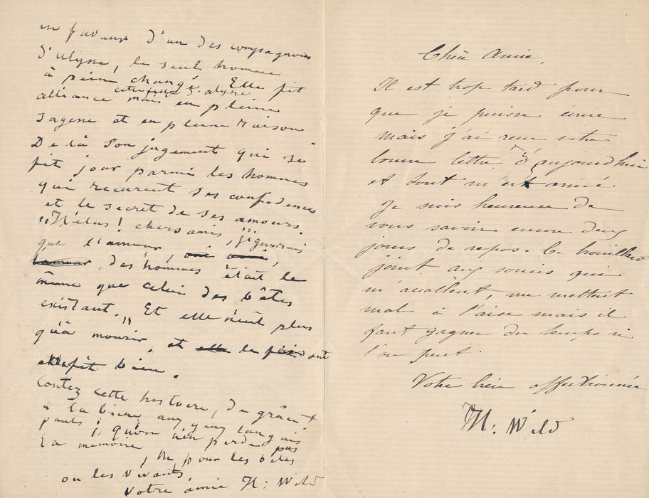 Hortense WILD lettre signée et manuscrit autographe : l'amour des hommes et celui des bêtes