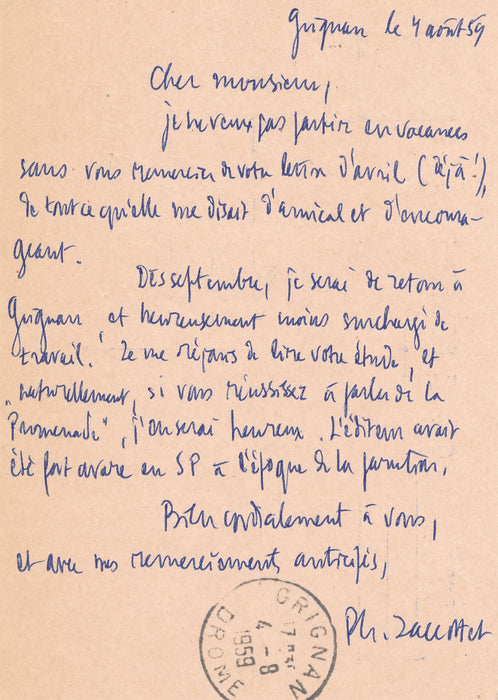 Philippe Jaccottet 2 cartes autographe signées à Yves Berger La Promenade