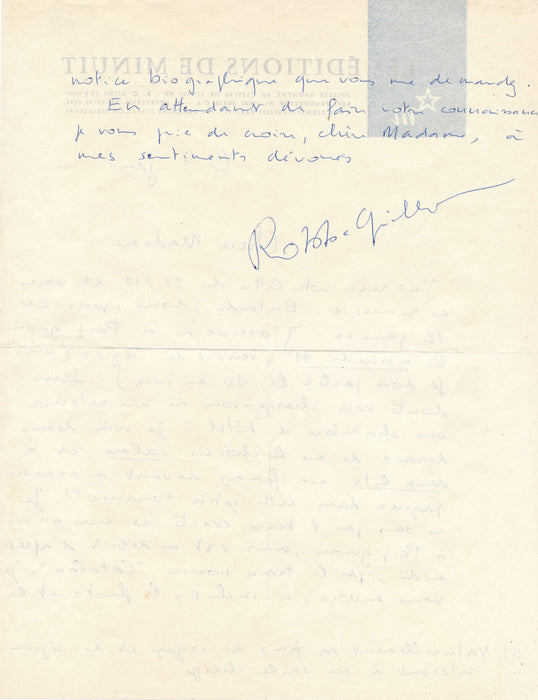 Alain Robbe Grillet lettre autographe signée Perpignan hôtel voyage