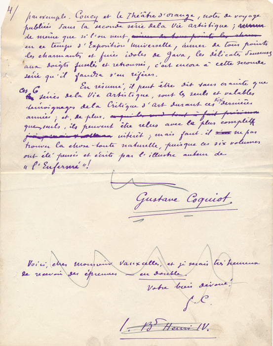 XIXe-XXe s. Gustave Coquiot Manuscrit autographe signé à Louis Vaucxelles Gustave Geffroy