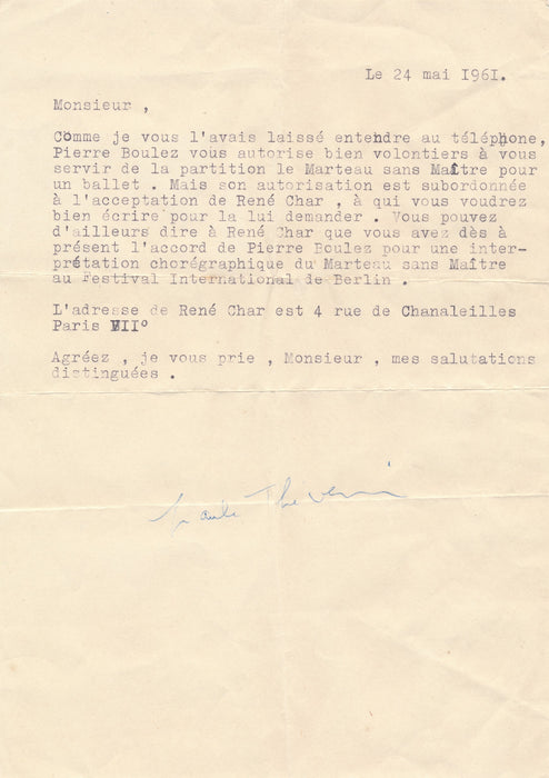 René Char lettre autographe signée Marteau sans Maître Boulez Deryk Mendel
