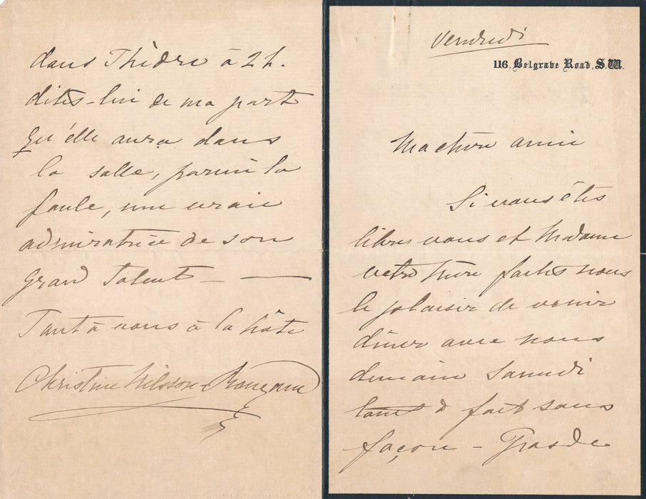 Opéra Christine Nilsson lettre autographe signée photos document S. Bernhardt