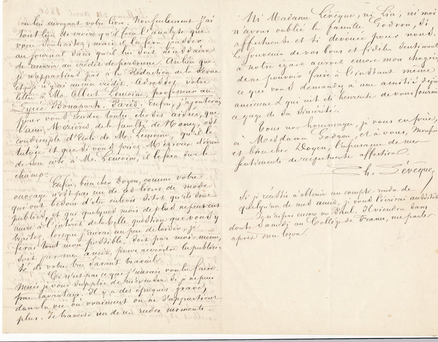 Le philosophe Jean Charles Lévêque à Dominique-Alexandre Godron belle lettre autographe signée