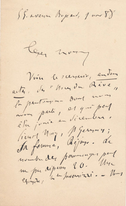 Félicien Champsaur envoie les Noces de rêve lettre autographe signée Réjane