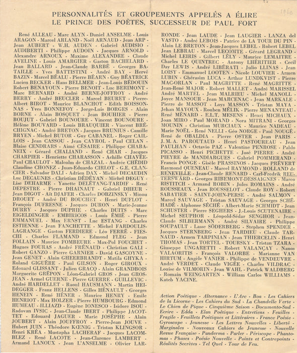 Qui après Paul Fort ? tract surrealisme 1960 contre Cocteau Prince de poètes