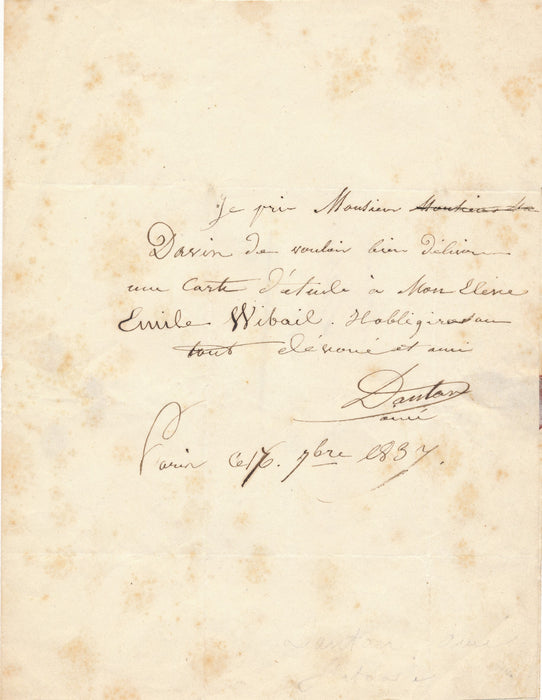 Antoine Laurent Dantan aîné 2 lettres autographes élève Wibaille 1 reçu de vente