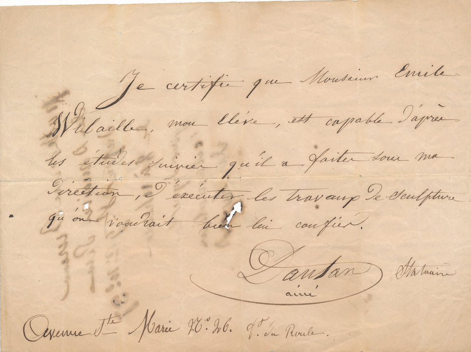 Antoine Laurent Dantan aîné 2 lettres autographes élève Wibaille 1 reçu de vente