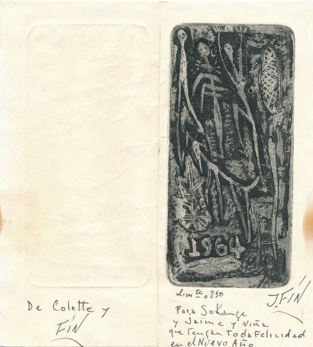 J. FIN gravure originale signée carte de voeux 1964