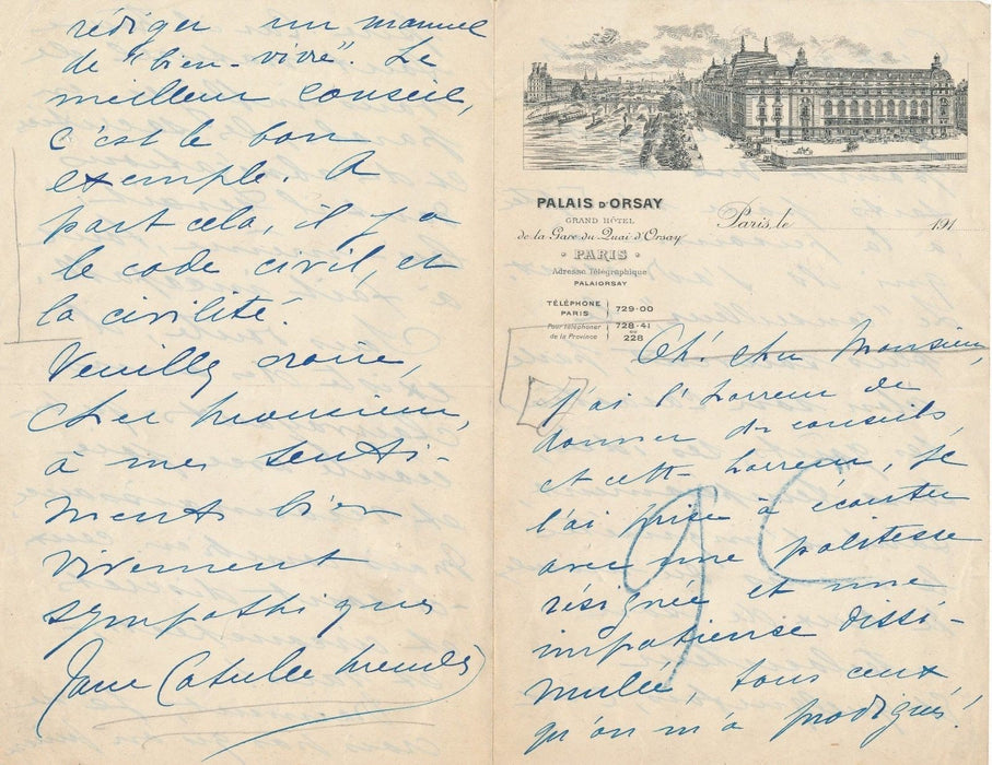 écrivain Jane Catulle-Mendès autographe signée refus de donner des conseils !