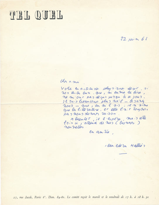 Jean Edern Hallier la littérature finit toujours par nous donner raison lettre