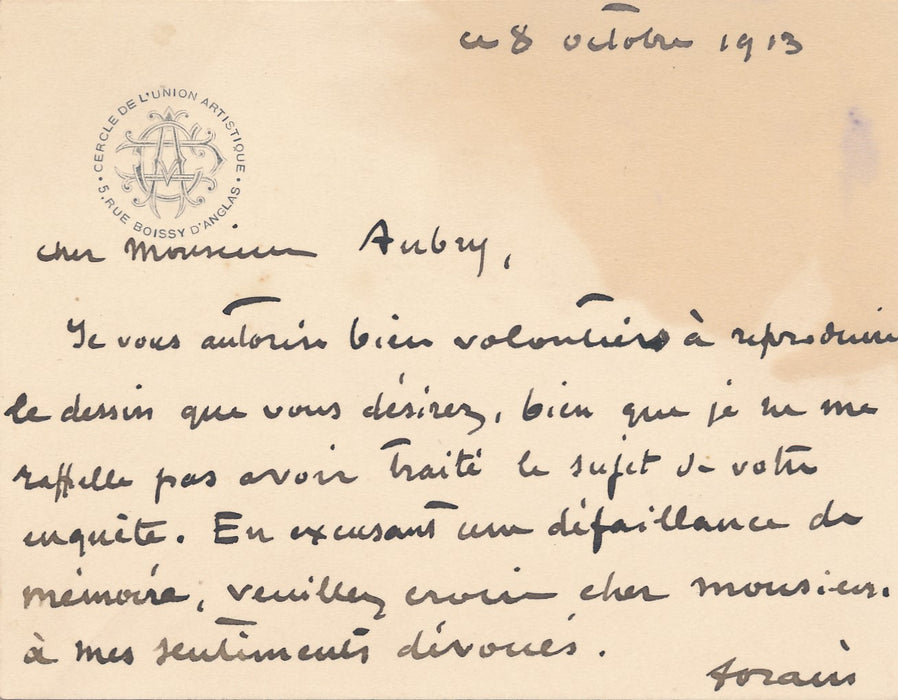 XIX-XXe s. Jean-Louis FORAIN autorise mais ne se souvient pas carte autographe signée