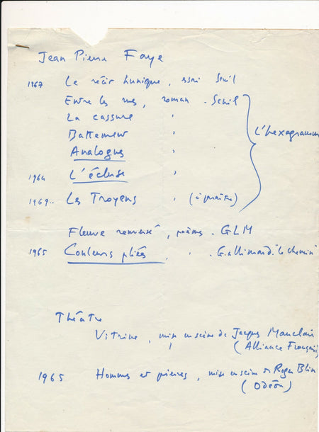 Jean-Pierre FAYE philosophe écrivain note autographe publication