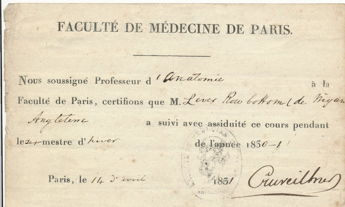 Jean CRUVEILHIER Certificat signé pour un élève anglais Angleterre 1831