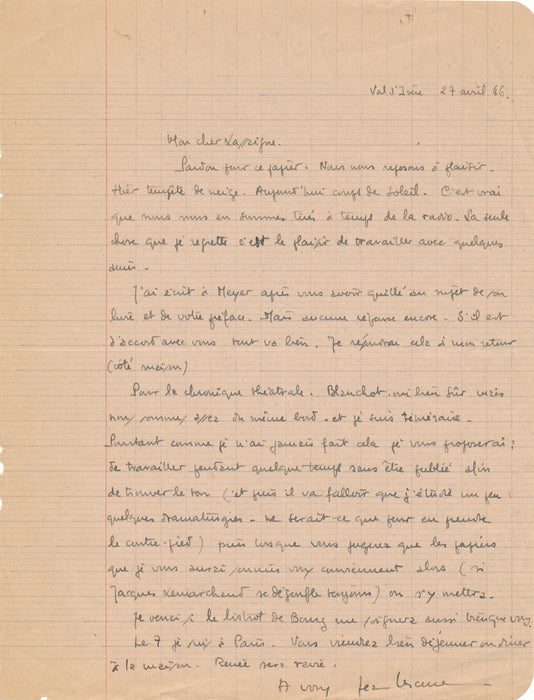 Jean Lescure chronique théâtrale Blanchot Meyer Lemarchand lettre autographe