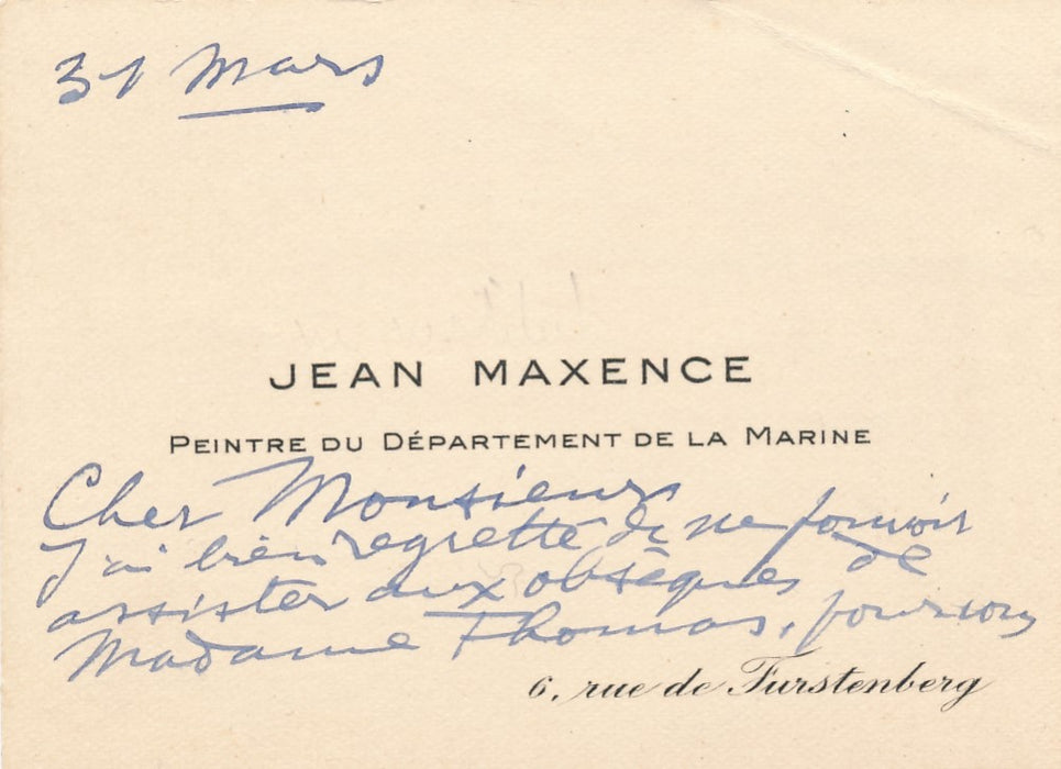 Jean Maxcence Carte de visite autographe signée peintre de la marine