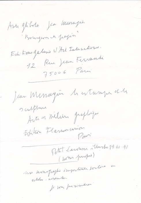 XXe s. Jean Messagier lettre autographe signée lithographie catalogue