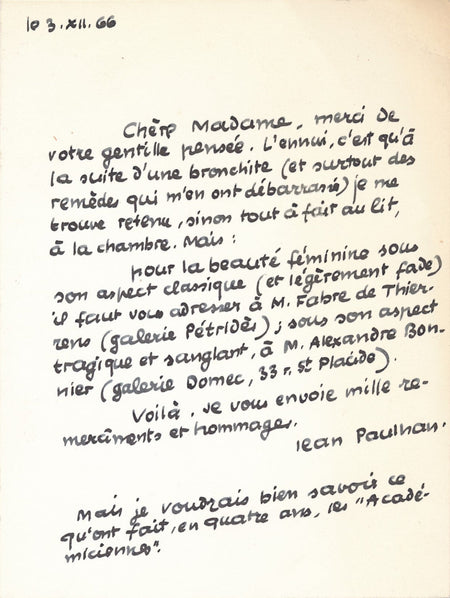 amusant Jean PAULHAN carte autographe signée beauté féminine Petrides Domec