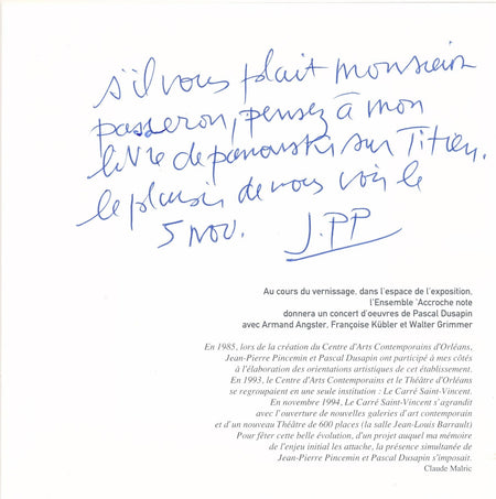 Jean-Pierre PINCEMIN envoi autographe signé sur carton exposition 1994