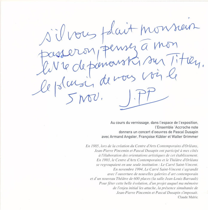 Jean-Pierre PINCEMIN envoi autographe signé sur carton exposition 1994
