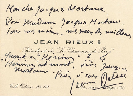 Jean Baptiste Louis RIEUX chanteur lyrique carte autographe signée hérisson mort
