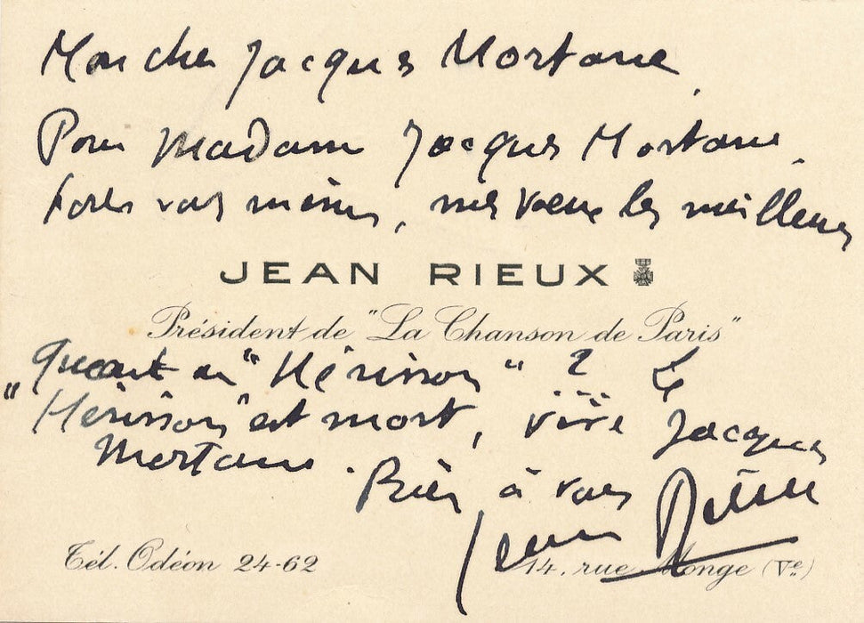 Jean Baptiste Louis RIEUX chanteur lyrique carte autographe signée hérisson mort