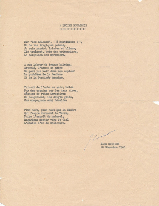 Cantal Jean SIQUIER poème signé pour l'écrivain prolétaire Lucien BOURGEOIS
