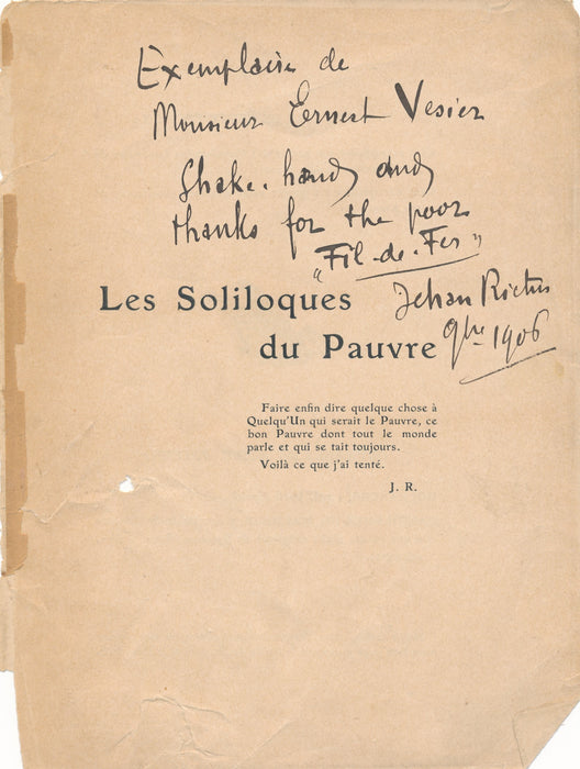 Jehan RICTUS Shake hands and thanks for the poor envoi autographe