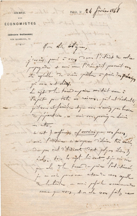 économiste Joseph Garnier autographe signé taxe du pain Wolowski Levasseur 