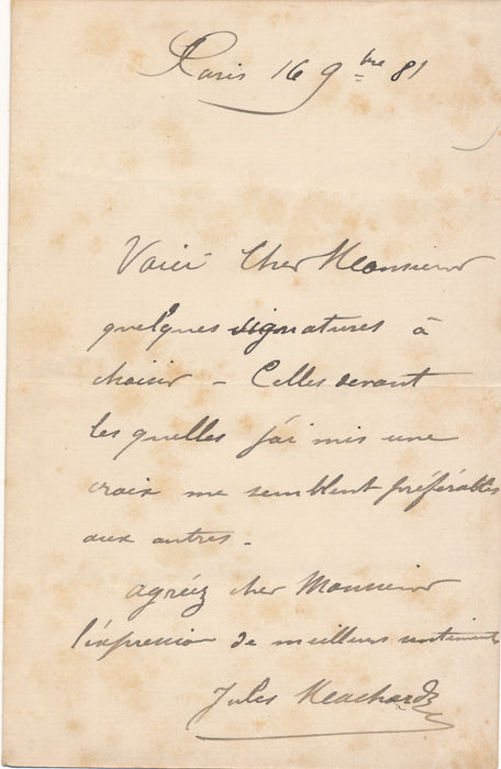 XIXe s. Jules MACHARD coche les bonnes signatures lettre autographe signée