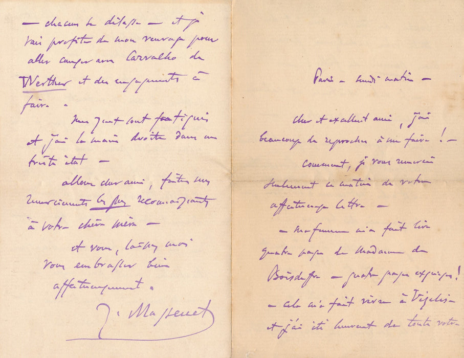 Jules Massenet belle lettre autographe signée une existence monotone...