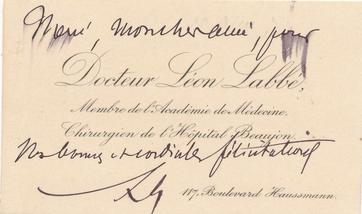 Léon LABBÉ chirurgien carte de visite autographe signée remerciements médecin