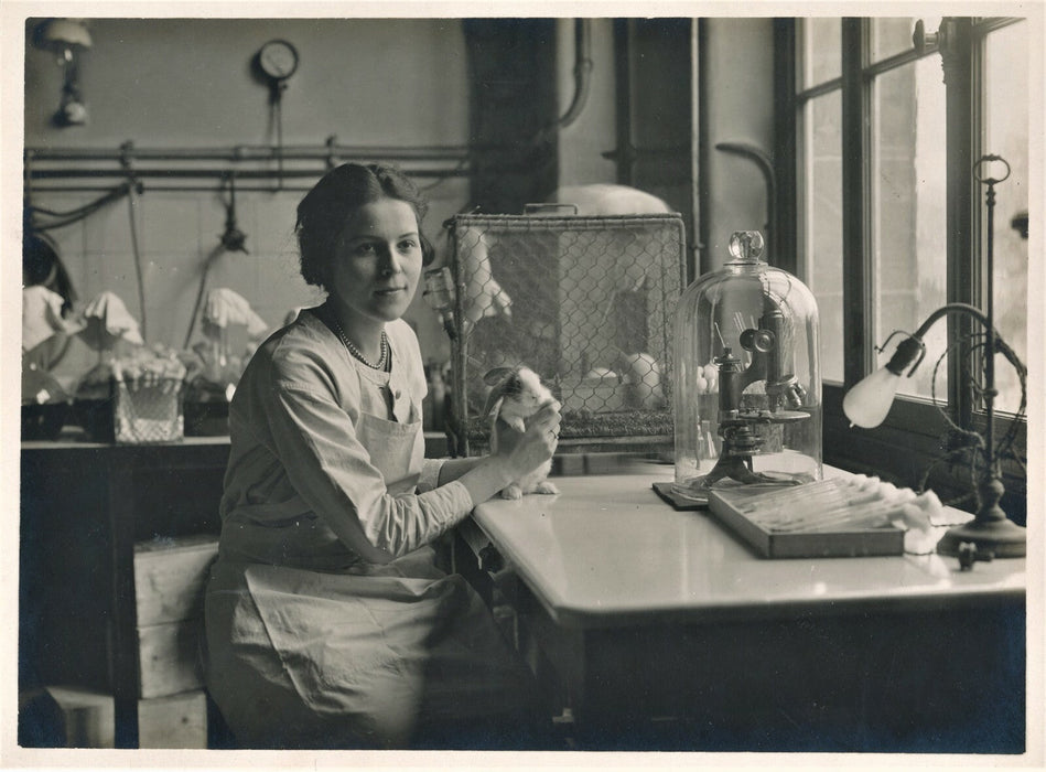femme laboratoire lapin souris photo argentique d'époque v. 1930 microscope