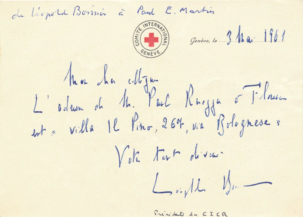 Léopold BOISSIER diplomate suisse croix rouge carte autographe signée