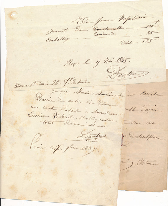 Antoine Laurent Dantan aîné 2 lettres autographes élève Wibaille 1 reçu de vente