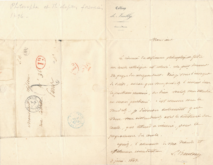 Louis Eugène BAUTAIN philosophe théologien philosophie 2 lettres autographes