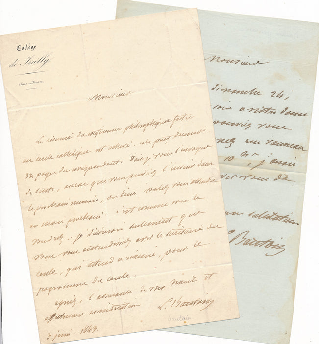 Louis Eugène BAUTAIN philosophe théologien philosophie 2 lettres autographes