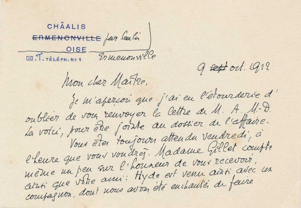 Louis GILLET évoque le bibliophile James Hazen Hyde carte autographe signée