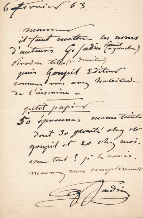 XIXe s. Louis JADIN tirage lithographique Pirodon Goupil lettre autographe signée