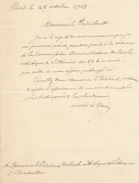 Louis LE NAIN graveur belge Cercle artistique littéraire autographe signée