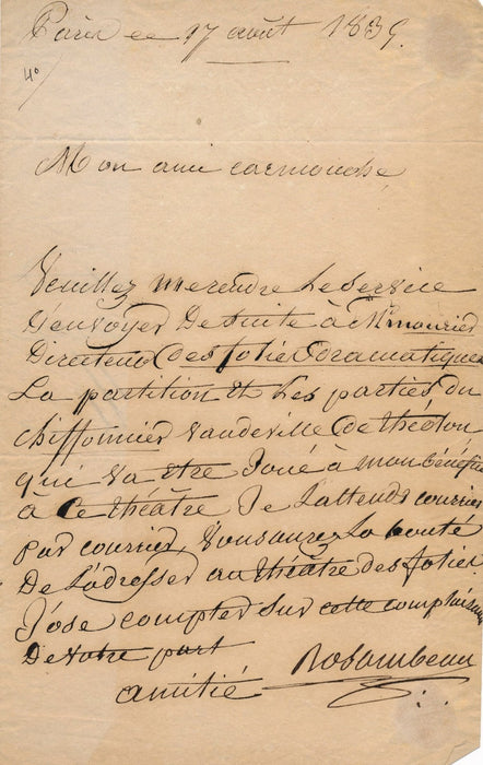 Louis Minet Rosambeau acteur autographe signé Folies Dramatiques Mourier 1834