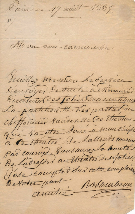Louis Minet Rosambeau acteur autographe signé Folies Dramatiques Mourier 1834