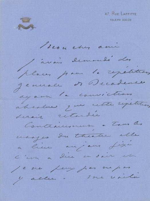 Louise Abbema lettre autographe signée théâtre pièce Décadence Albert Guinon