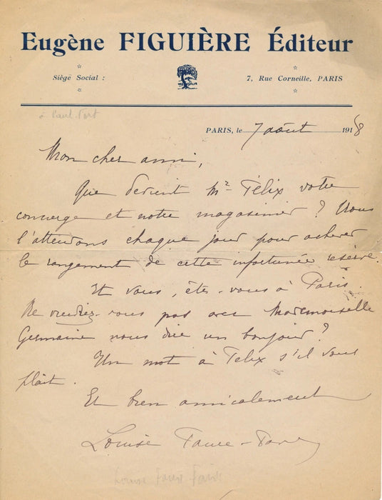 Louise FAURE-FAVIER écrivaine aviatrice lettre autographe signée à Paul Fort