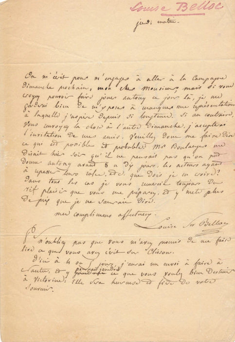 Partager Louise SWANTON BELLOC lettre autographe signée à Alexandre Dumas père Antony