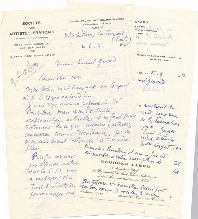 XXe s. Marcel LUCAIN aide le graveur Daniel-Girard promotion 2 lettre autographe 1 carte