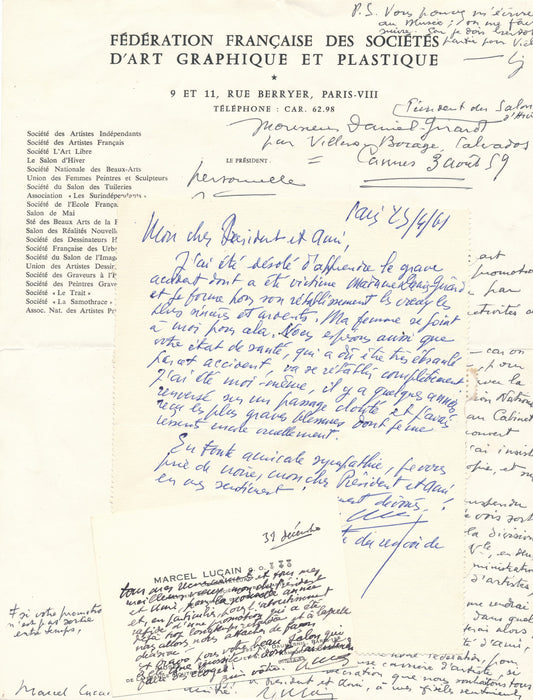 XXe s. Marcel LUCAIN aide le graveur Daniel-Girard promotion 2 lettre autographe 1 carte